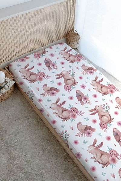 Tuğba Kuğu Printed Flat Sheet - Iconic Series - Pink Wreathed Rabbit