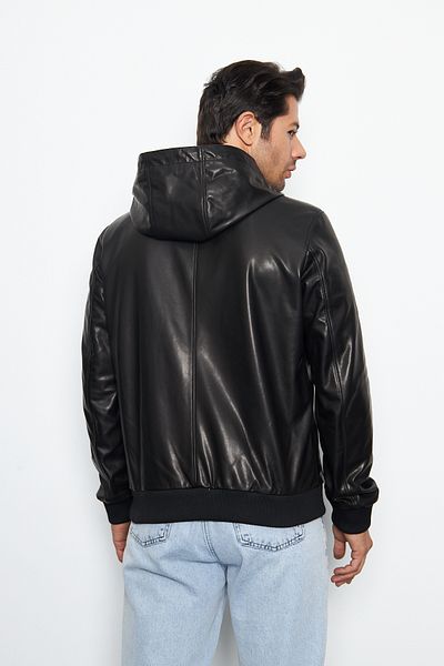 By Marki Marki Black Genuine Leather Coat - 70 Cm, Hood, Waterproof, Zip-Up, Spring - 502222