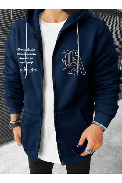 NO 601 سترة صوفية بغطاء للرأس مطبوعة باللون الأزرق الداكن للرجال من La Los Angeles