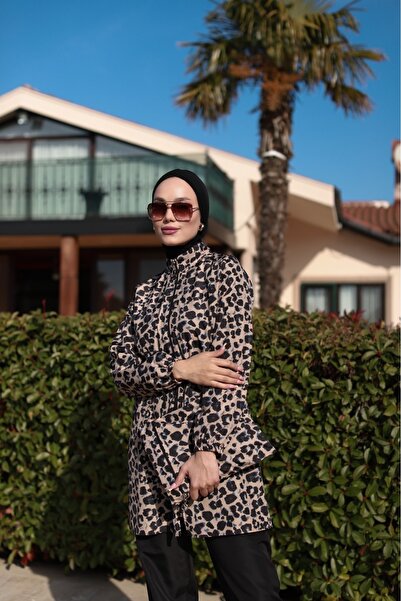 Vivezza Bone and Bag Gift Leopard Pattern Elastic Waist Zippered Hijab Swimsuit Set