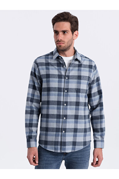 OMBRE Cămașă de flanel în carouri pentru bărbați - albastru-gri V1 OM-SHCS-0150 L