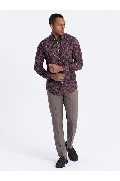 OMBRE Pánská bavlněná vzorovaná košile SLIM FIT - kaštanová V5 OM-SHCS-0151 L