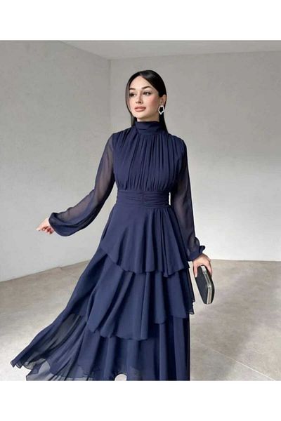 MODA DURAĞI Lilac Chiffon Floor Skirt Tulle Sleeves Pleated Dress