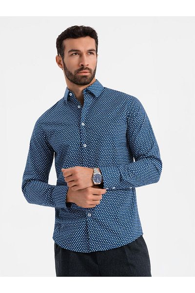 OMBRE Pánská košile SLIM FIT s jemným vzorem - tmavě modrá V1 OM-SHCS-0140 XL