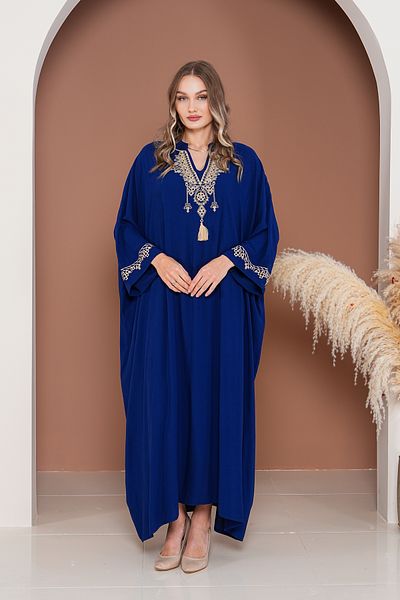 AYASOFYA OTANTIK Women's Navy Blue V-Neck Authentic Embroidery Detailed Oversize Loose Dress