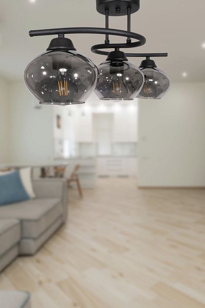 Fer Avize Fuji Modern Decorative Black Color Glass 3-Piece Chandelier Living Room - Kitchen - Bedroom