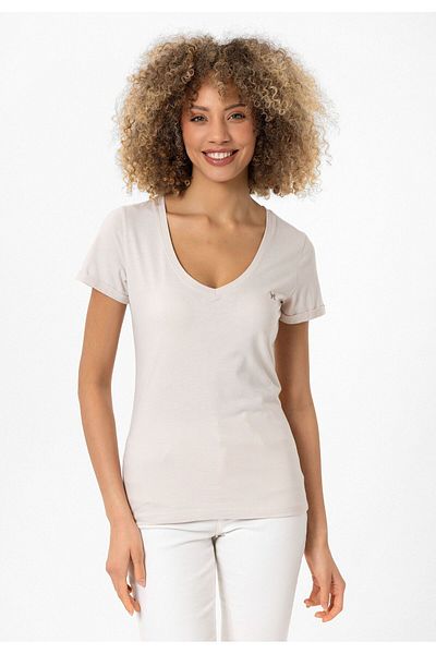 Williot Christina Skin Color Deep V Neck Short Sleeve Compact Cotton Embroidered Slim Fit Women's T-Shirt