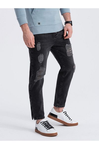 OMBRE Pantaloni de denim taper fit pentru bărbați cu găuri - negri V2 P1028 S