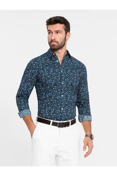 OMBRE Pánská SLIM FIT vzorovaná bavlněná košile - tmavě modrá V1 OM-SHCS-0151 XL