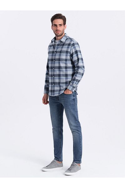 OMBRE Pánská kostkovaná flanelová košile - modro-šedá V1 OM-SHCS-0150 L