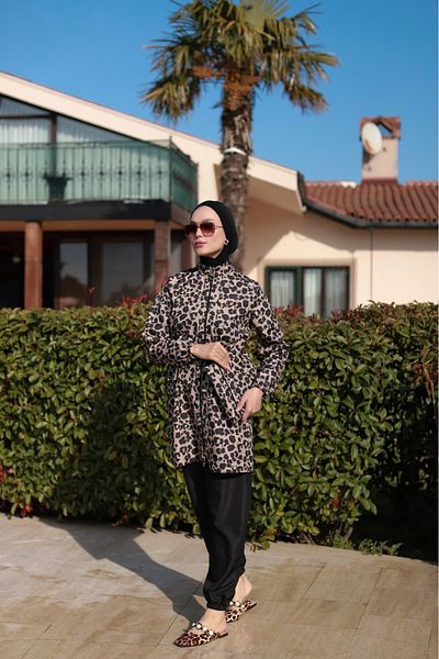 dilber fashion Bone and Bag Gift Leopard Pattern Elastic Waist Zippered Hijab Swimsuit Set