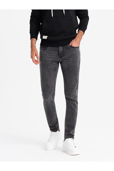 OMBRE Pánské džínové kalhoty SLIM FIT na míru s elastanem - grafit V3 OM-PADP-0214 XXL