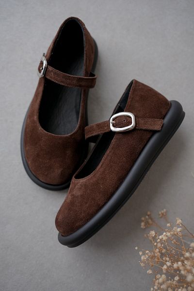 selinshoes Stella Women's Ballerinas - Genuine Leather and Buckle Detail, Brown Suede
