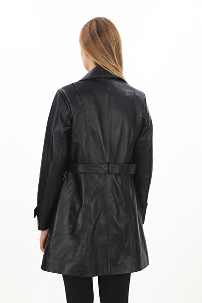 db deriburada original Kadın Puntolu Kemerli Hakiki Deri Trençkot