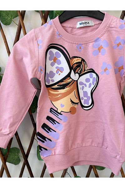 ribana Ribbon Detailed Flower Printed Girl's Sweat