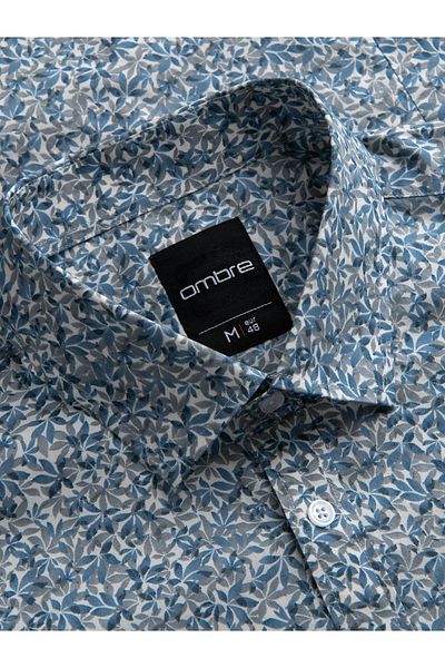 OMBRE Ανδρικό πουκάμισο SLIM FIT σε στάμπα σε μικρά φύλλα - γαλάζιο V1 OM-SHPS-0163 M