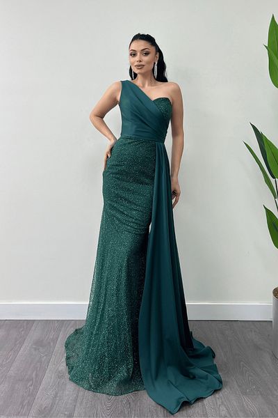 giyimmasalı Rochie de seara din tesatura din satin cu sclipici cu detaliu de sal - VERDE SMARALD