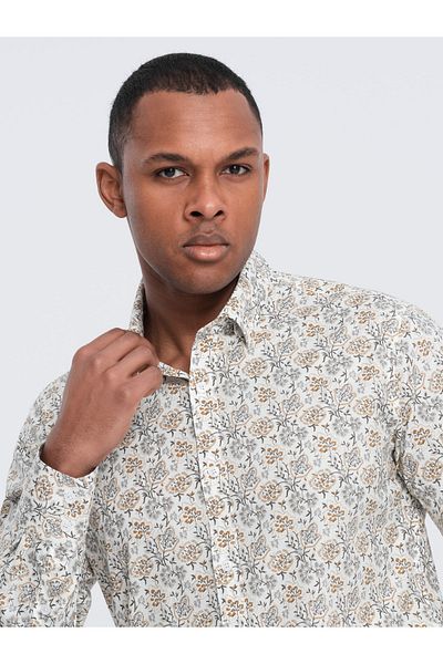 OMBRE Ανδρικό πουκάμισο SLIM FIT σε floral σχέδιο - μπεζ V2 OM-SHPS-0139 S