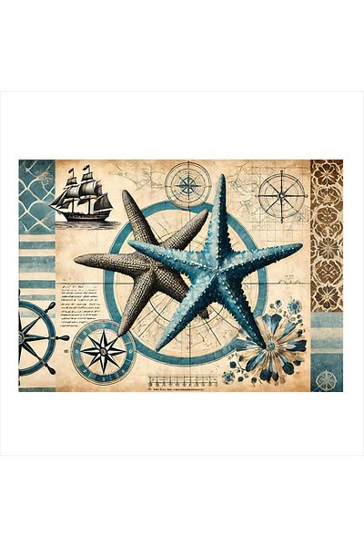 karizmart Starfish and Map Modern Wooden Painting