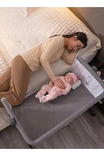 MAAS Bedside Toddler Bed - Foldable Toddler Bed with Storage, Adjustable Height & Wheels - Grey