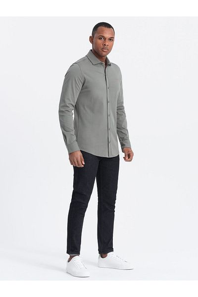 OMBRE Herren-Baumwoll-Strickhemd REGULAR Single-Jersey - Hellkhaki V4 OM-SHCS-0138 XL