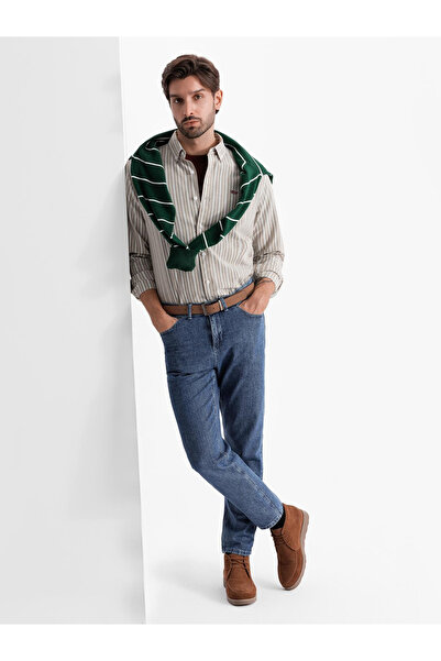 OMBRE Ανδρικό βαμβακερό πουκάμισο REGULAR FIT με λεπτές ρίγες - μπεζ V1 OM-SHOS-0170 S