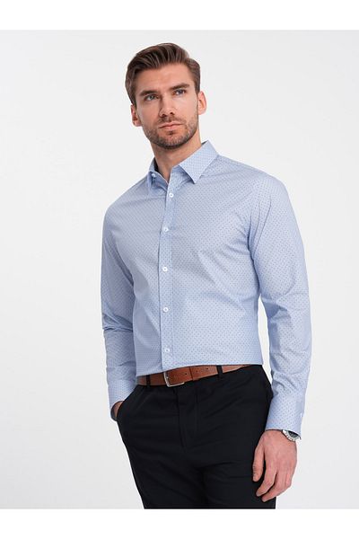 OMBRE Herrenhemd aus Baumwolle mit Mikromuster REGULAR FIT - hellblau V2 OM-SHCS-0152 S