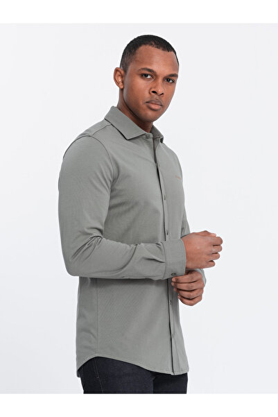 OMBRE Pánská bavlněná košile REGULAR single jersey - světlá khaki V4 OM-SHCS-0138 XXL