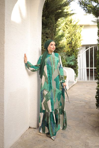 Zaure Women's Hijab Patterned Belted Viscose Dress