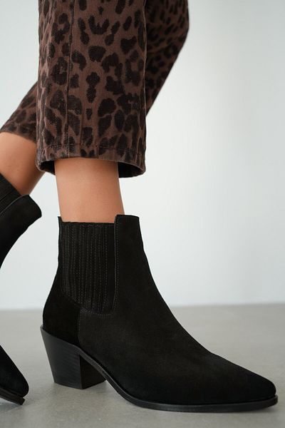 selinshoes Haggy Pointed Toe Suede Elastic Short Heeled Women's Boots - Black