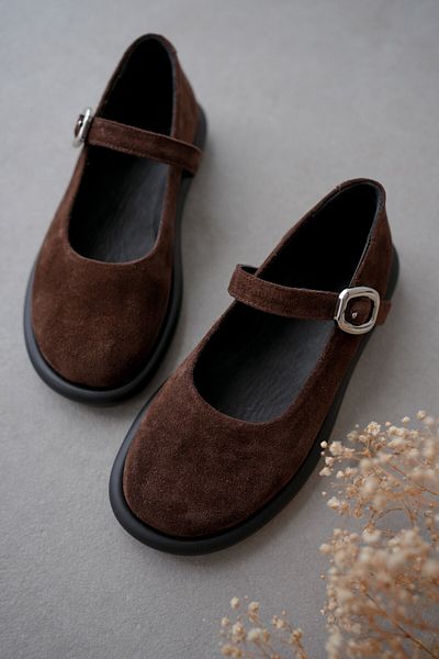 selinshoes Stella Women's Ballerinas - Genuine Leather and Buckle Detail, Brown Suede