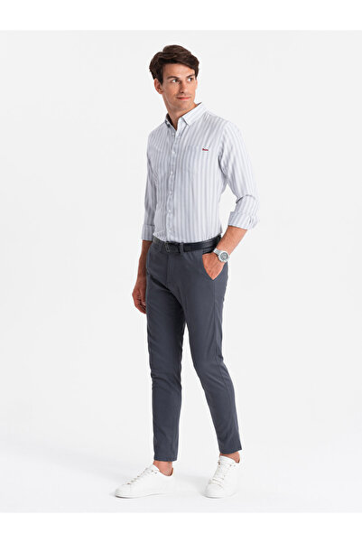 OMBRE Pánská košile REGULAR FIT v bílých proužcích s kapsou - šedá V1 OM-SHOS-0171 L