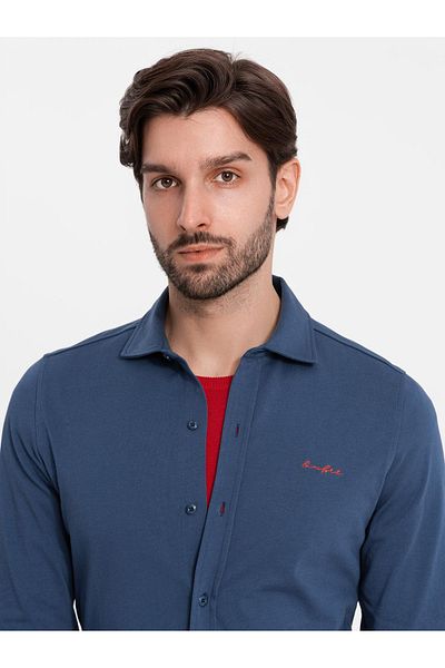 OMBRE Pánská bavlněná jednožerzejová košile REGULAR - modrá V1 OM-SHCS-0138 XL