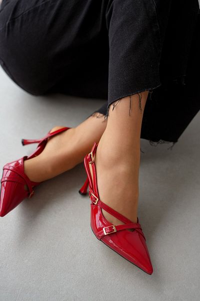 selinshoes Red Women's Stiletto - Pointed Toe with Double Bands and Buckle Detail