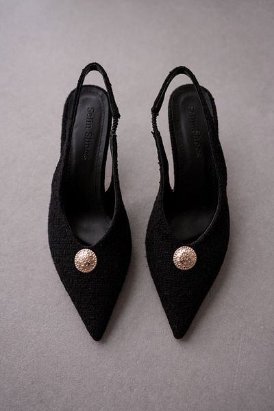 selinshoes Simmy Pointed Toe Tweed Fabric Gold Stone Detailed Elastic Stiletto - Black
