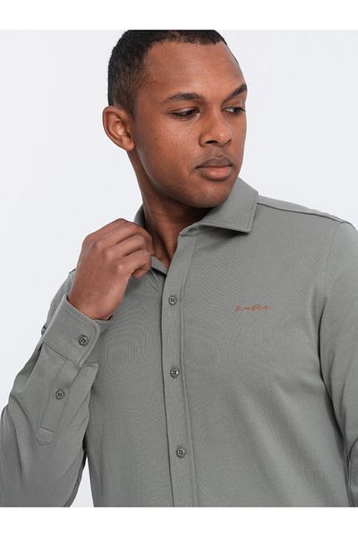 OMBRE Herren-Baumwoll-Strickhemd REGULAR Single-Jersey - Hellkhaki V4 OM-SHCS-0138 XL