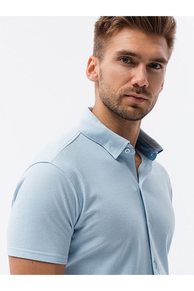 OMBRE Herren Strickhemd Slim Fit mit kurzen Ärmeln und Kragen - blau V3 OM-SHSS-0100 XXL