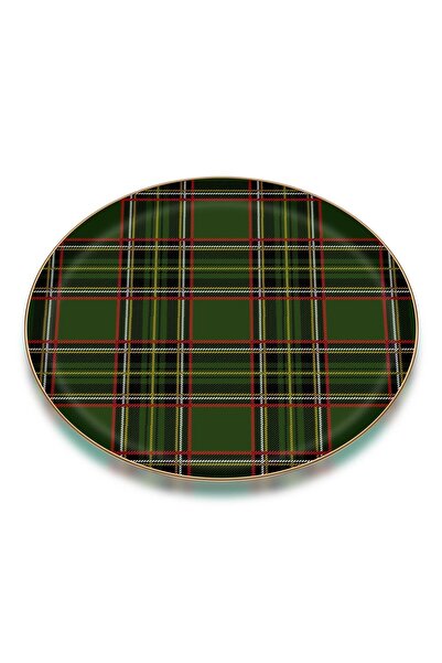 Glore Ekose Yeşil Parlak Altın Cam Tepsi