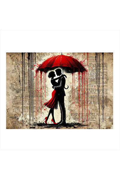 KanvasSepeti Pictură în ulei cu umbrelă roșie și cadou de dragoste, texturată...