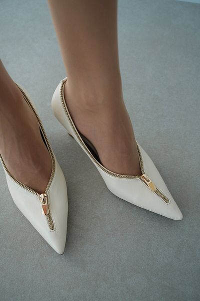 selinshoes Della Pointed Toe Zipper Accessory Women's Low Heel Stiletto- Ekru