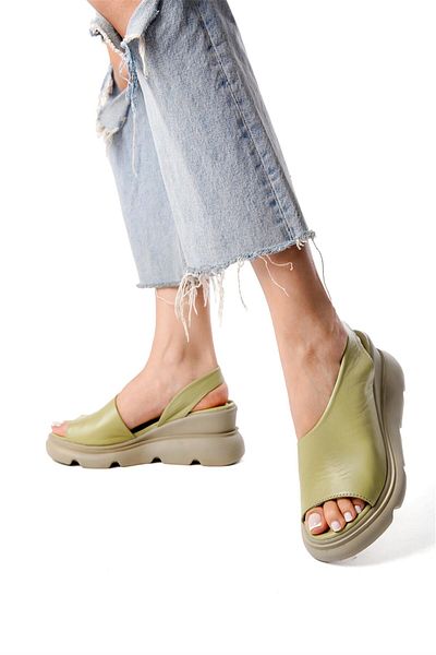 Ayakkabı Fuarı Elit Lyna Green Genuine Leather Women's Sandals - Wedge Heel