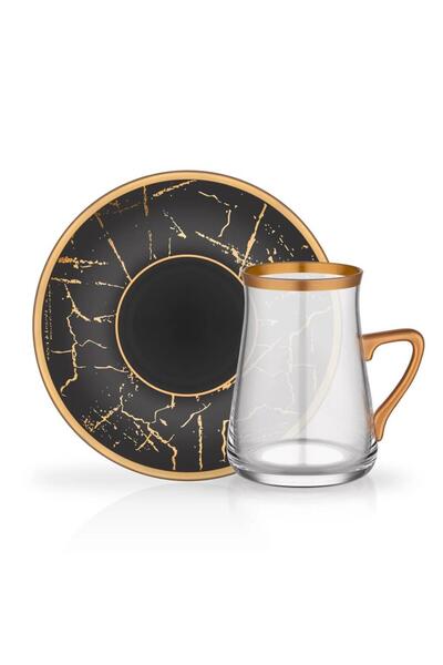 Glore Mermer Siyah Kulplu Tek Kişilik Çay Seti