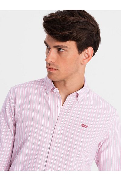 OMBRE Ανδρικό βαμβακερό πουκάμισο REGULAR FIT με λεπτές ρίγες - ροζ V2 OM-SHOS-0170 S