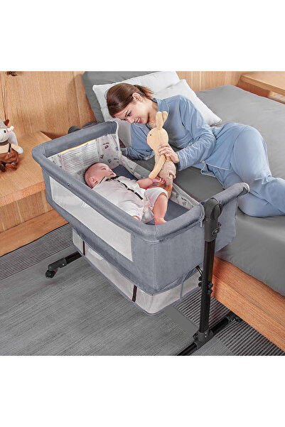 MAAS Bedside Toddler Bed - Foldable Toddler Bed with Storage, Adjustable Height & Wheels - Grey