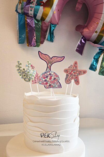 PEKSHOP Deniz Kızı Konsept Parlak Pasta Süsleri 6lı Set Simli Deniz Kızı Kürd...