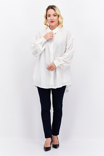 Esprit Women Oversize Pointed Neck Long Sleeve Solid Blouse, White