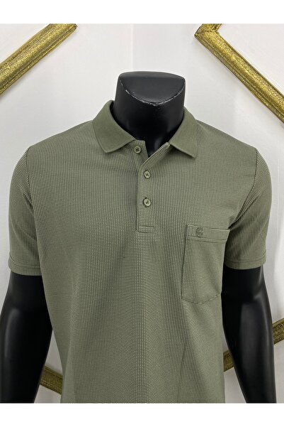 Sadık Collection Men's Plus Size Waffle Woven Polo Neck T-Shirt - Pocket, Short Sleeve, Khaki Color 4009