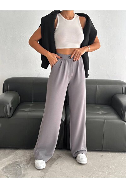 Lin Collection بنطال نسائي عالي الخصر مزين بالكريب واسع الساق بالازو باللون ا...