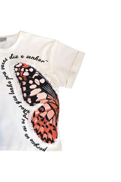 Little Star Girl's Big Butterfly Print and Chiffon Accessory Tshirt