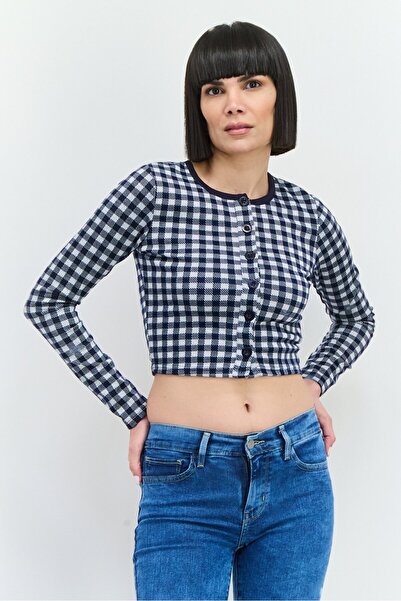 Brave Soul Women Round Neck Long Sleeves Gingham Pattern Blouse, Navy